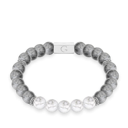 Grey &amp; white jasper semi precious beaded elastic bracelet - Superstar