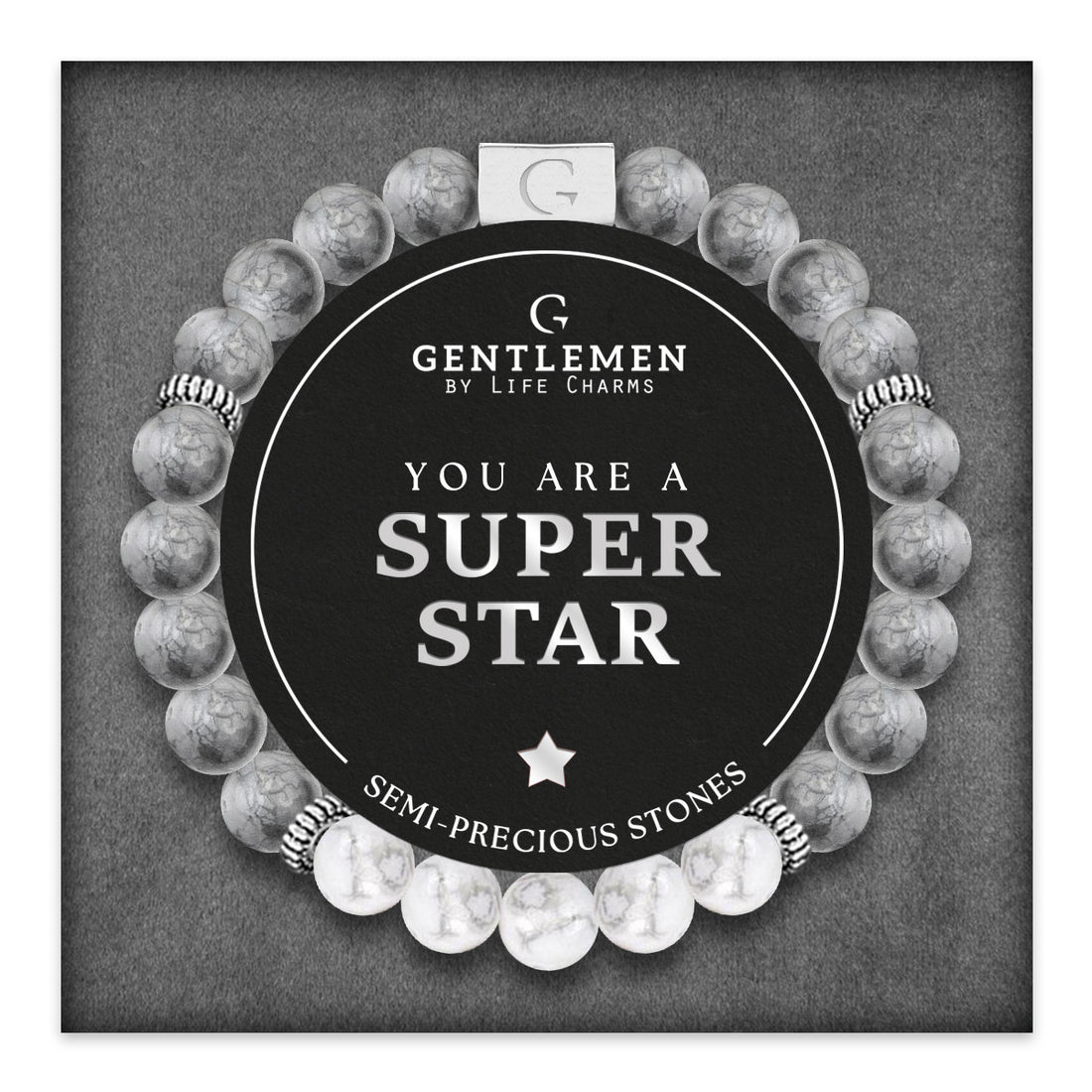 Grey & white jasper semi precious beaded elastic bracelet - Superstar