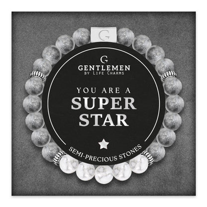 Grey &amp; white jasper semi precious beaded elastic bracelet - Superstar