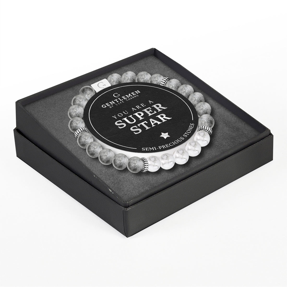 Grey & white jasper semi precious beaded elastic bracelet - Superstar