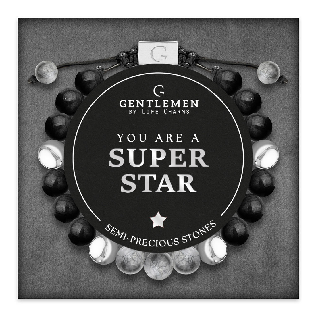 Grey jasper & black agate semi precious beaded adjustable bracelet - Superstar