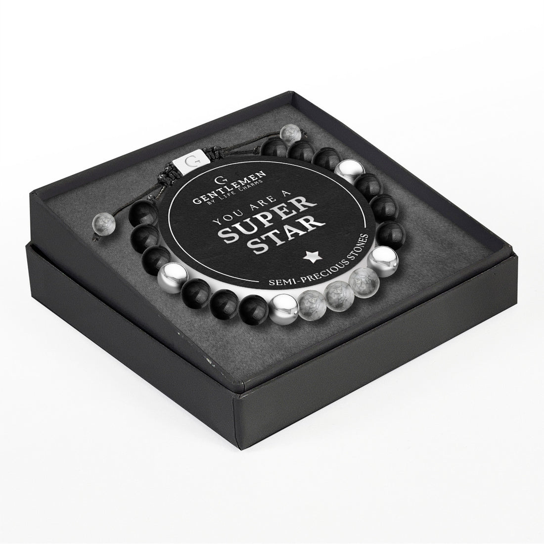 Grey jasper & black agate semi precious beaded adjustable bracelet - Superstar