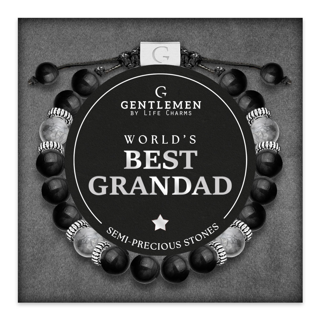 Grey jasper & black agate semi precious beaded adjustable bracelet - Grandad