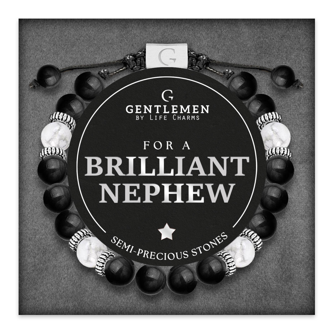 White jasper & black agate semi precious beaded adjustable bracelet - Nephew