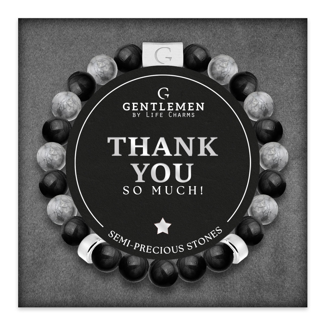 Grey jasper & black agate semi precious beaded elastic bracelet - Thank you