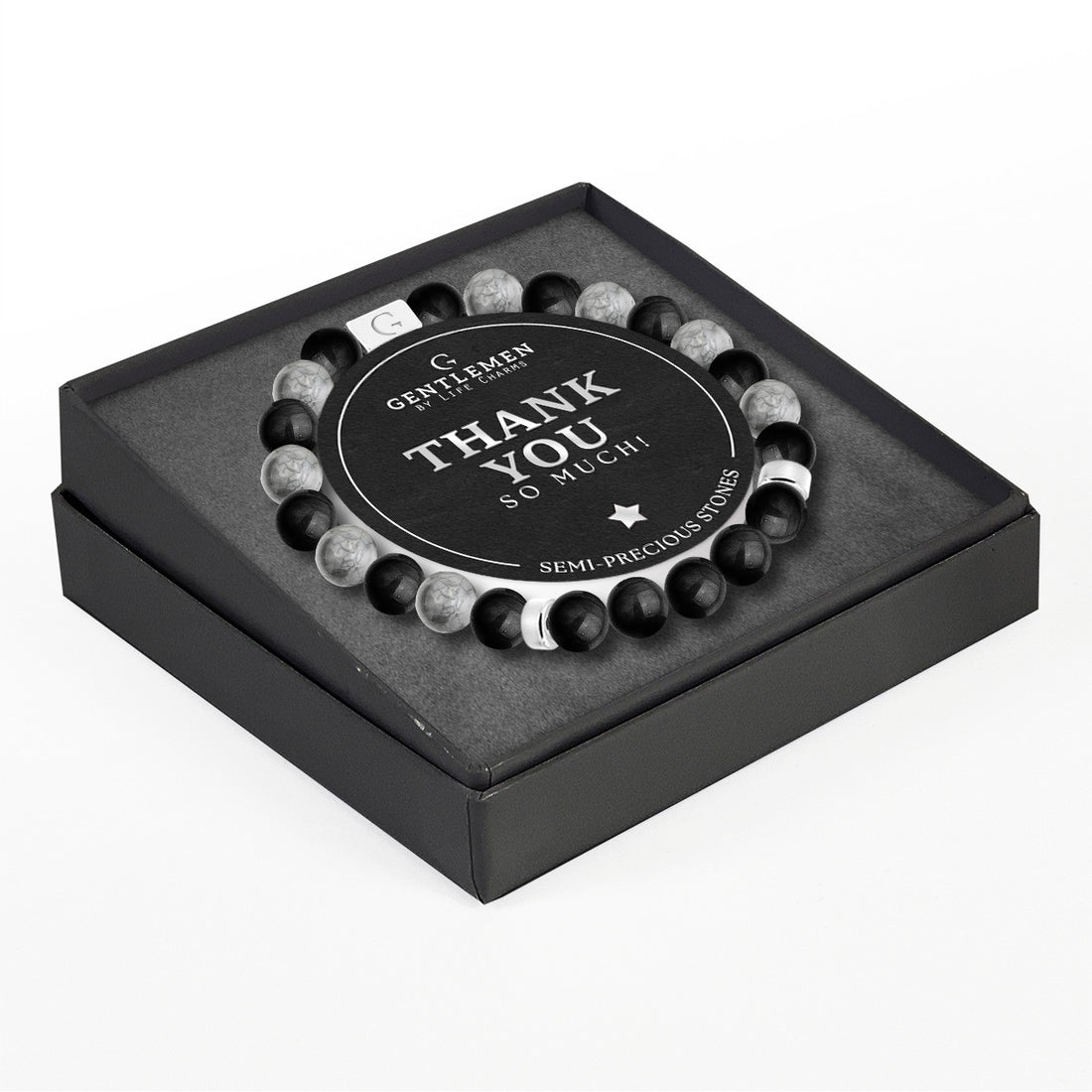 Grey jasper & black agate semi precious beaded elastic bracelet - Thank you