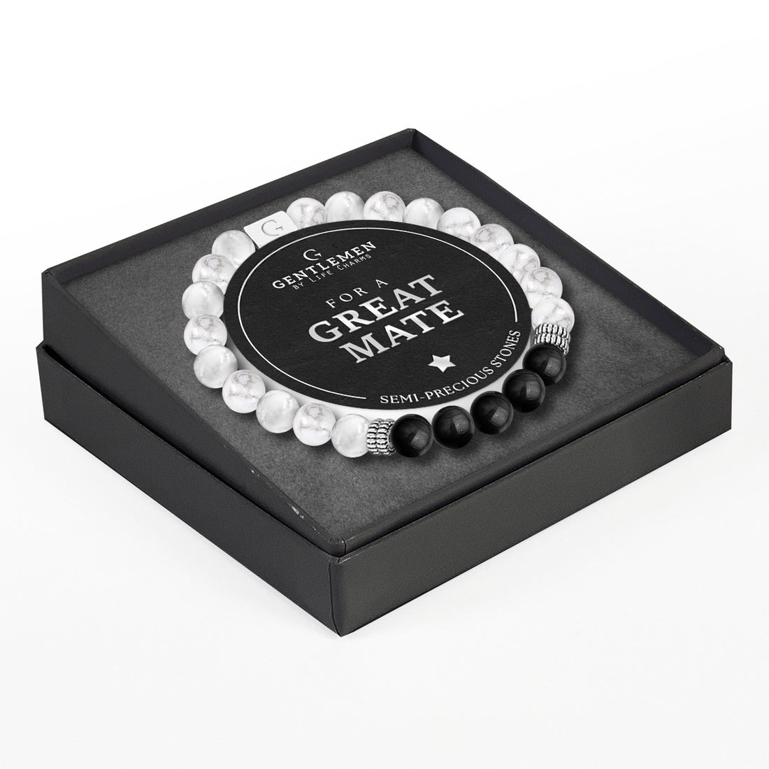 White jasper & black agate semi precious beaded elastic bracelet - Great mate