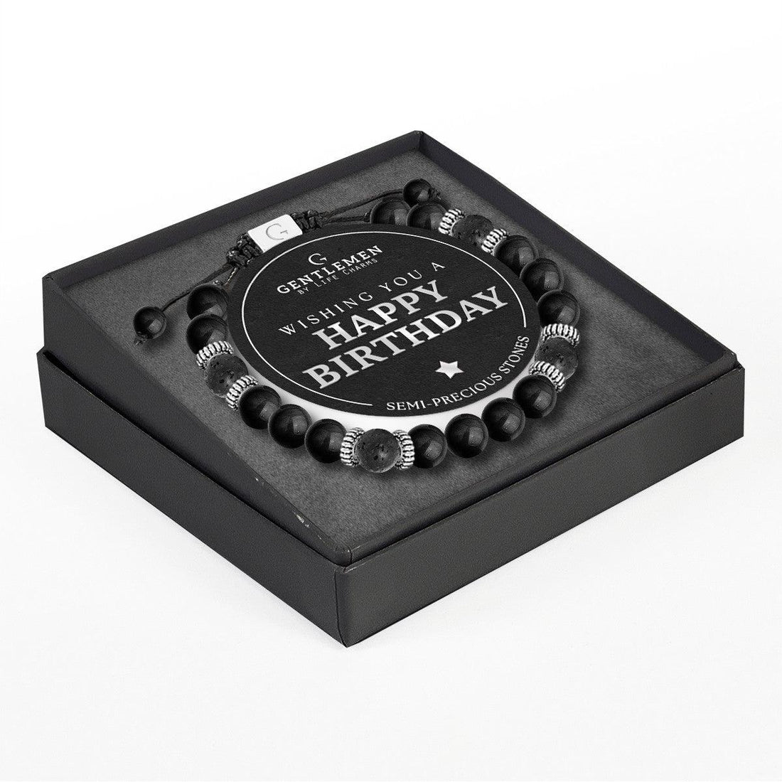 Black agate &amp; lava stone semi precious beaded adjustable bracelet - Happy birthday