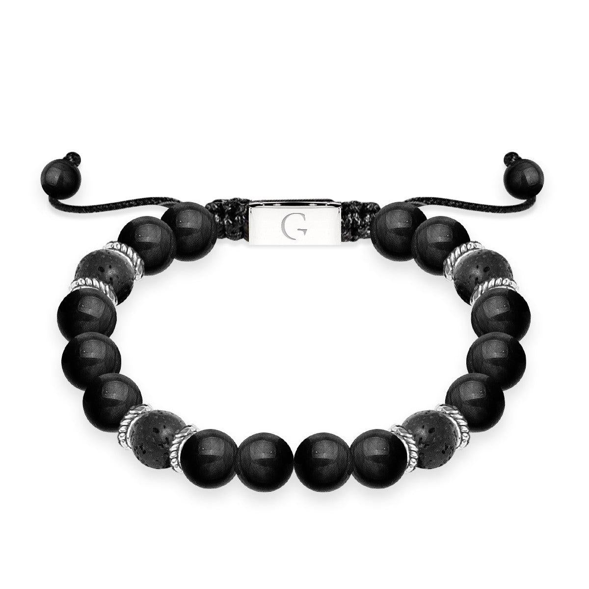 Black agate &amp; lava stone semi precious beaded adjustable bracelet - Happy birthday