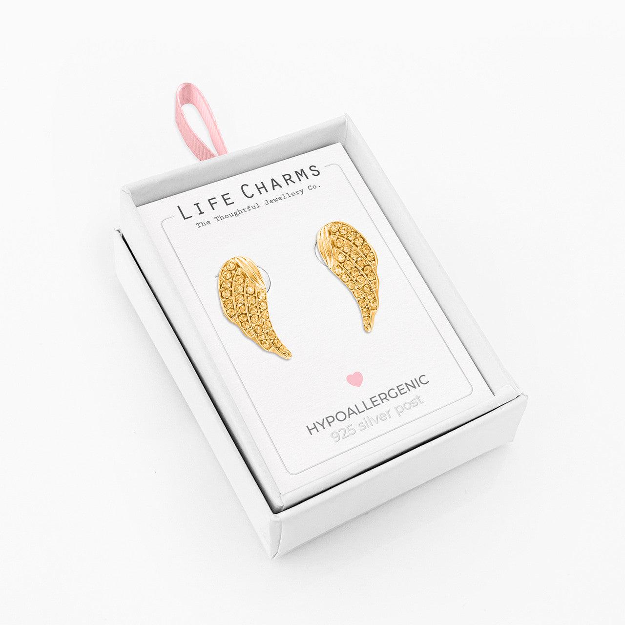 Crystal angel wing gold studs