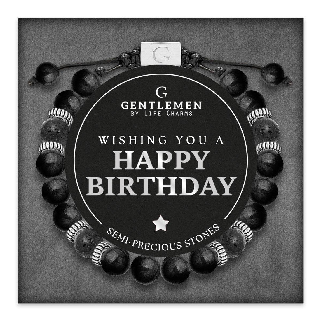 Black agate &amp; lava stone semi precious beaded adjustable bracelet - Happy birthday