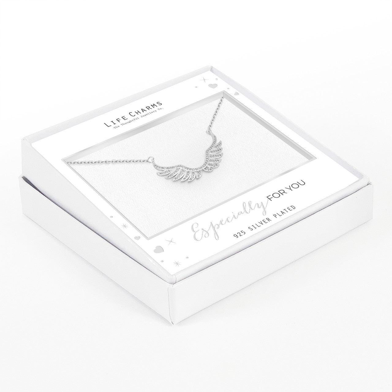 Zirconia studded angel wings pendant necklace