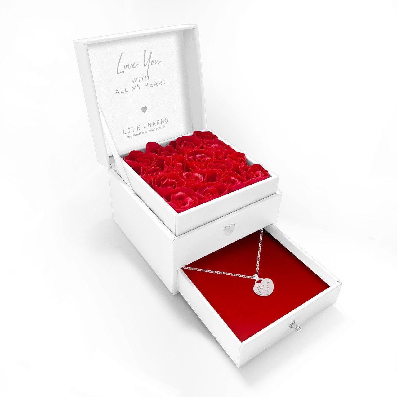 Love You with all my heart - Beautiful heart charm necklace in elegant red flower box