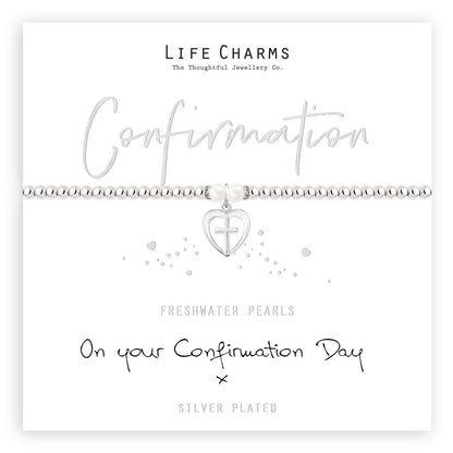 Silver and freshwater pearls Confirmation Day charm bracelet