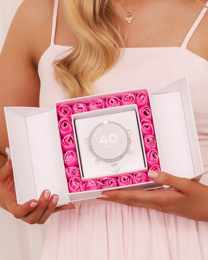 Happy 40th Birthday - Hearts charm bracelet in flower box
