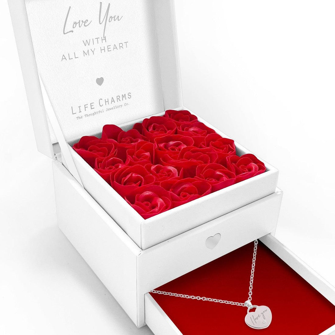 Love You with all my heart - Beautiful heart charm necklace in elegant red flower box