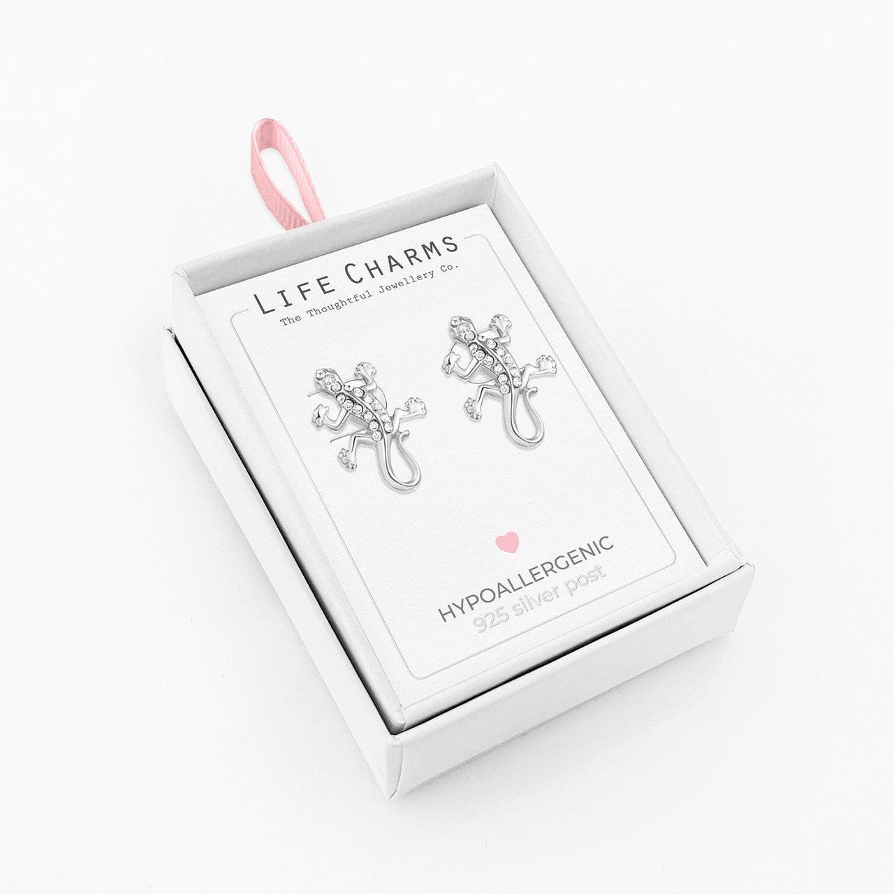 Silver gecko stud earrings