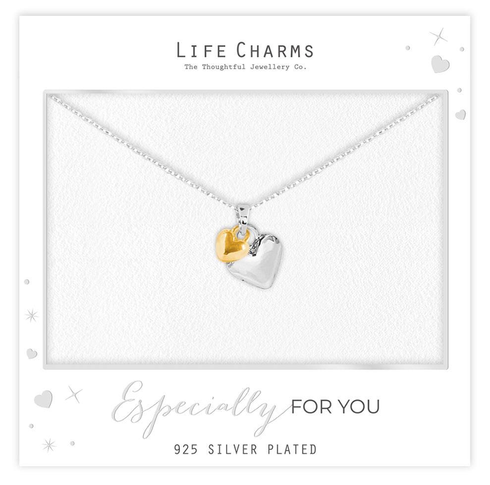 Silver and gold puffed hearts pendant necklace
