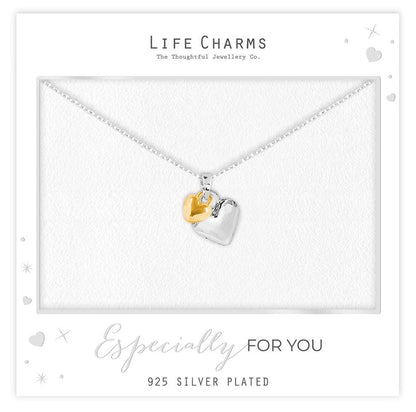Silver and gold puffed hearts pendant necklace