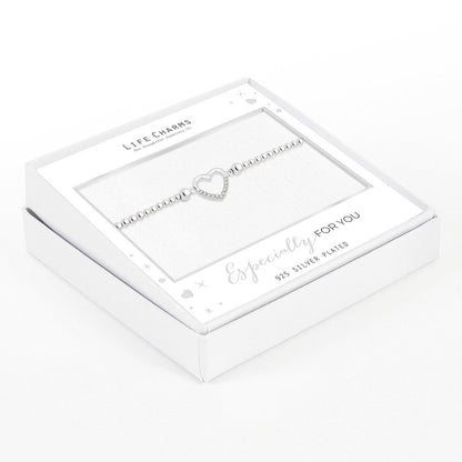 Open crystal heart bracelet in silver