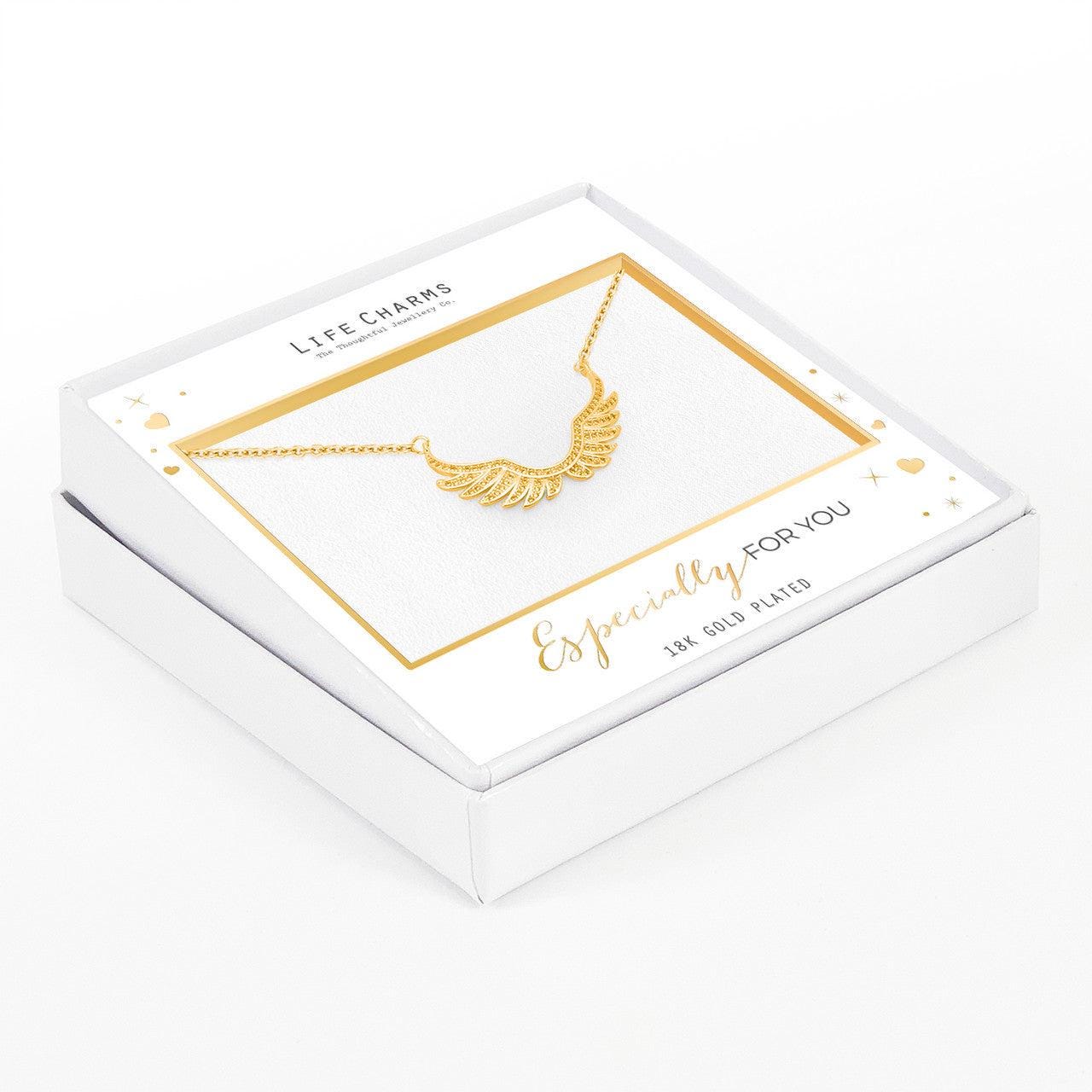 Zirconia studded angel wings pendant necklace in gold