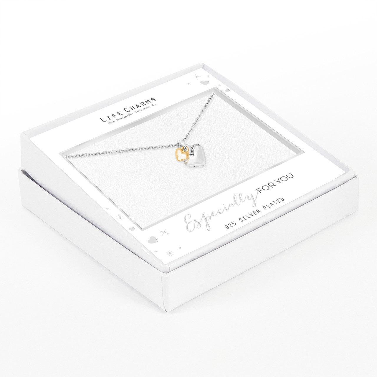 Silver and gold puffed hearts pendant necklace
