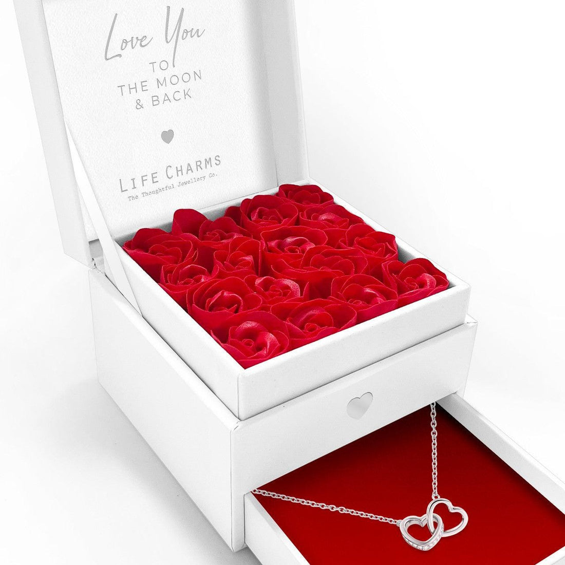 Love You to the moon and back - Double heart charm necklace in elegant red flower box