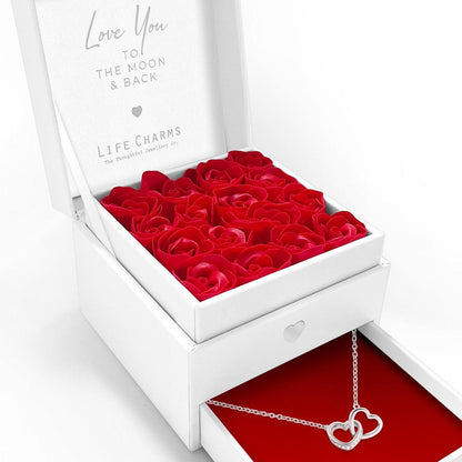 Love You to the moon and back - Double heart charm necklace in elegant red flower box